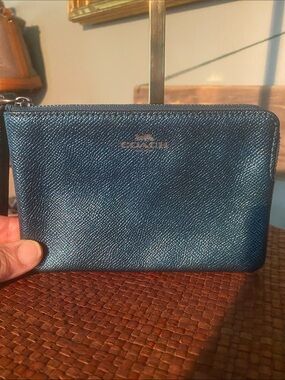 Coach Small Corner Zip Wristlet in a stunning Metallic Teal/Blue color